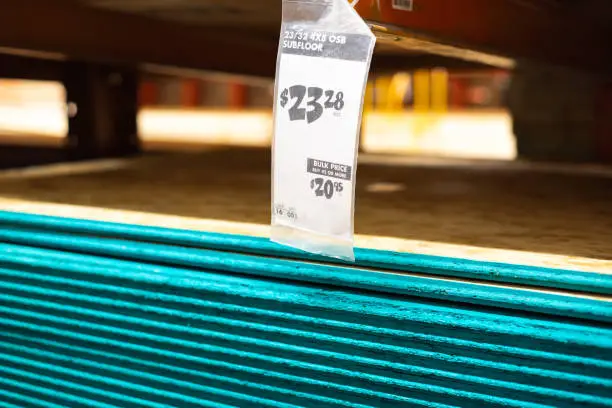 Stack of remodeling materials with price tags, showing inflation’s impact.