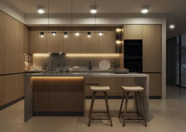 Kitchen with open counters and warm LED lighting.
