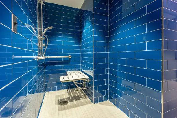 Bathroom with soft blue tiles and a rainfall shower.