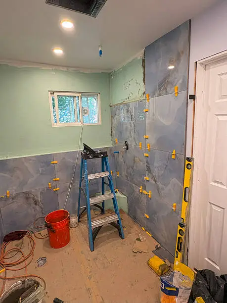 Mountain bathroom remodel in progress, with materials suited for high elevation.