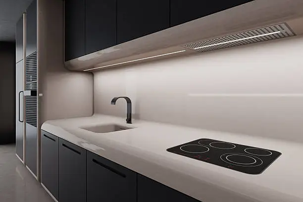 Kitchen with smart faucets and under-cabinet LEDs.