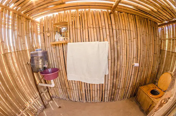 Bathroom with low-flow fixtures and solar water heater, optimized for off-grid living.