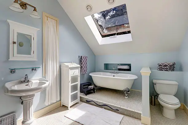 Bathroom with double-pane skylight and high-CFM ventilation fan.