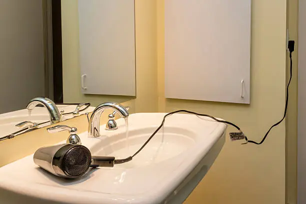 Bathroom with a sealed radio cabinet near a sink, designed for safety and EMI reduction.