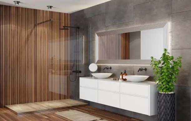 Bathroom with Scandinavian wood paneling and minimalist design.