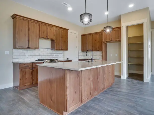 Kitchen with oversized island and walk-in pantry