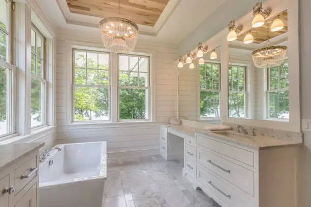 Home with chandelier and ambient bathroom lighting