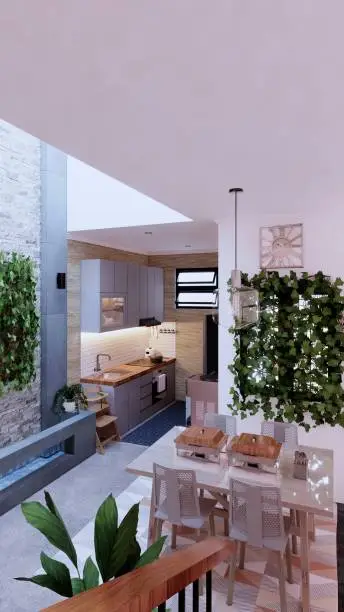 Kitchen with skylights, acoustic panels, and a live herb wall.