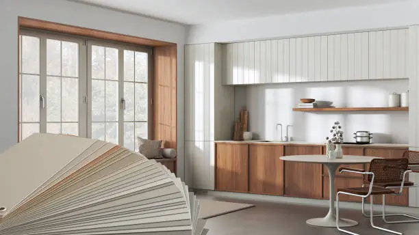 Kitchen and bathroom with matching cabinets and neutral color palette