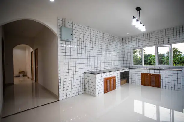 Kitchen and bathroom with shared ceramic tiles and finishes