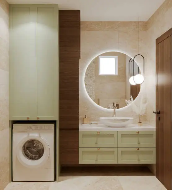 Small bathroom with large mirror and LED lighting
