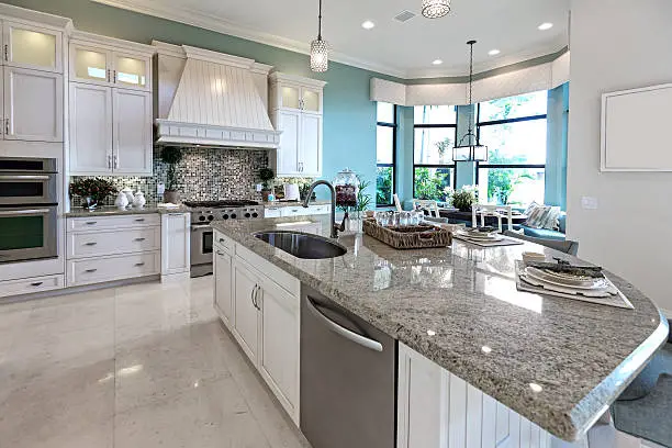 Kitchen with recycled glass countertops and insulated windows