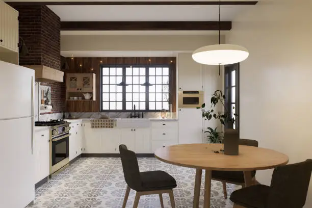 Kitchen with Mexican-inspired bold tiles and Japanese minimalist finishes.