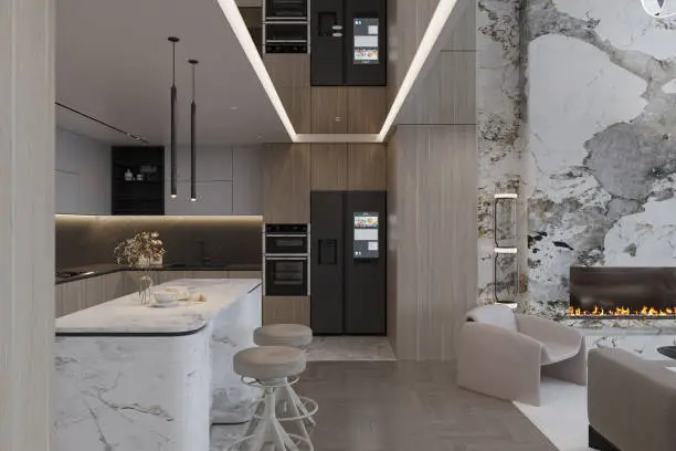 Kitchen with smart appliances, ambient LEDs, and stone textures.