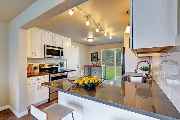 Kitchen with affordable countertops and luxury lighting