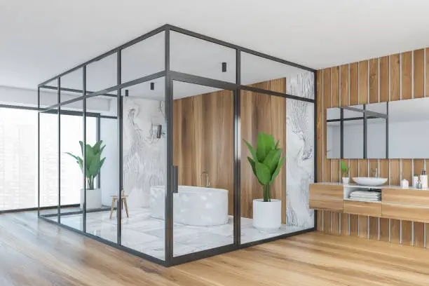 Bathroom with glass partitions and spa-like features