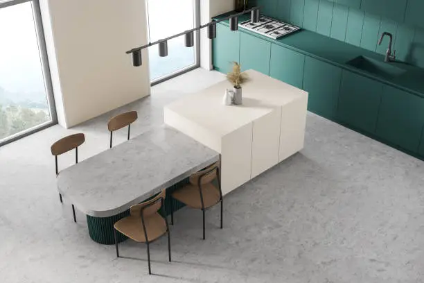 Kitchen with multi-functional island and seamless flooring