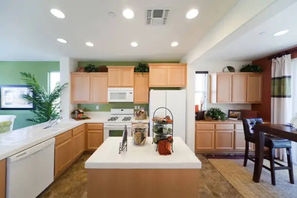 Kitchen with low-VOC cabinets and energy-efficient lighting
