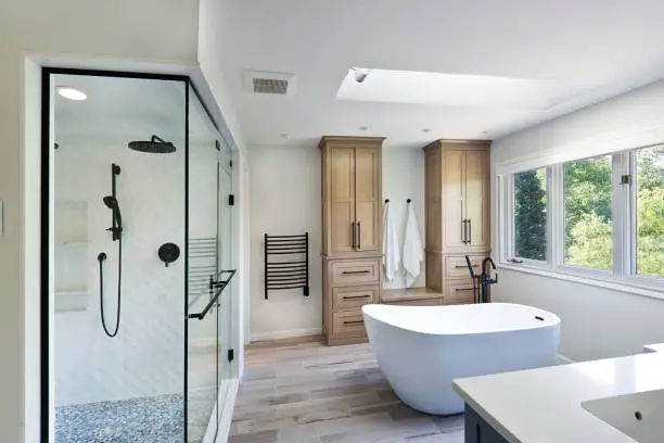 Modern kitchen and spa-inspired bathroom integration