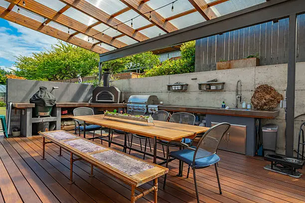 outdoor kitchen layout with clear zones for prep, cooking, and dining